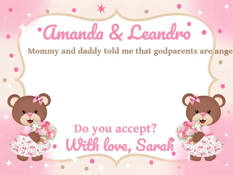 Invitation Godparents Of Baptism Little Angel Teddy Bear – Baptism theme delicate, childlike, religious, pink and brown, cute, little angels