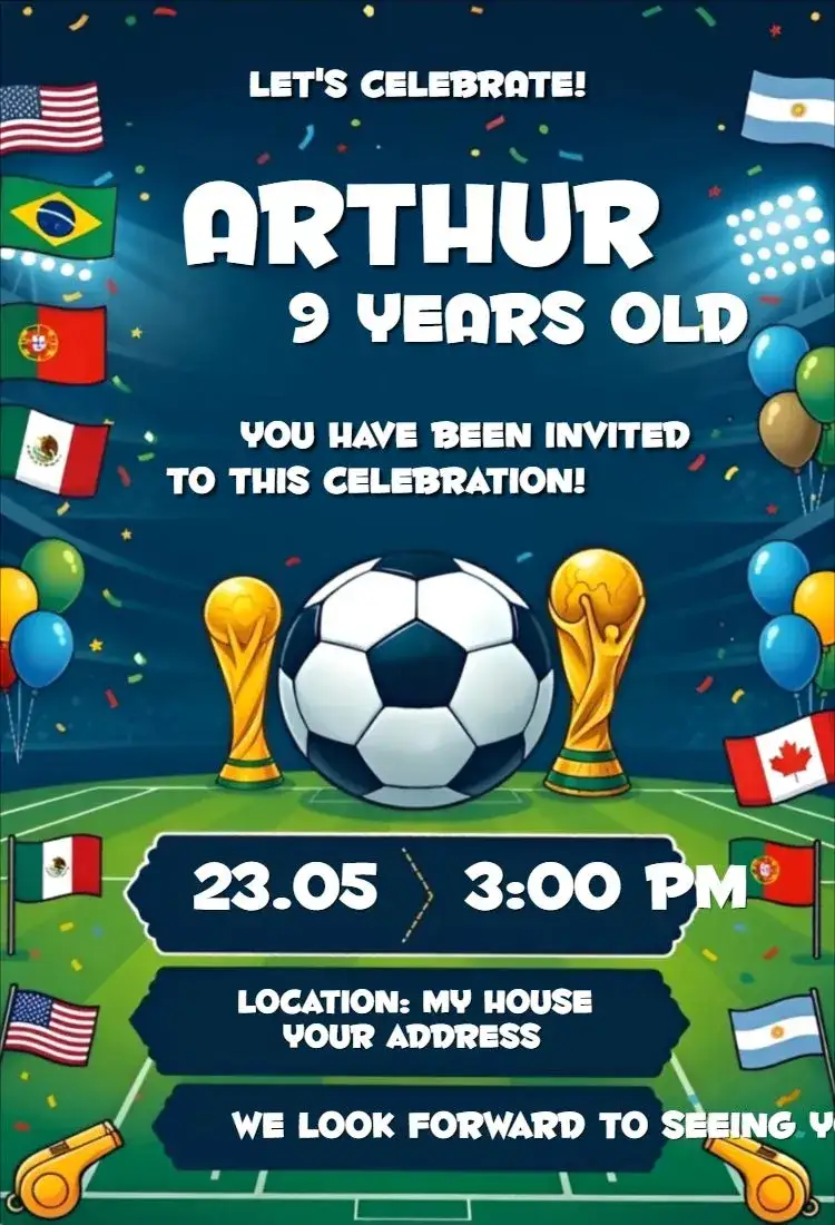 Invitation World Cup 5 – Birthday theme football, vibrant colors, modern, sports theme, ball graphics, dynamic design