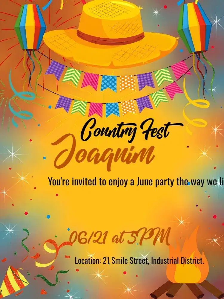Invitation Black 'Arraiá' Party – Commemorative Dates theme festive, colorful, modern, themed, vibrant, traditional