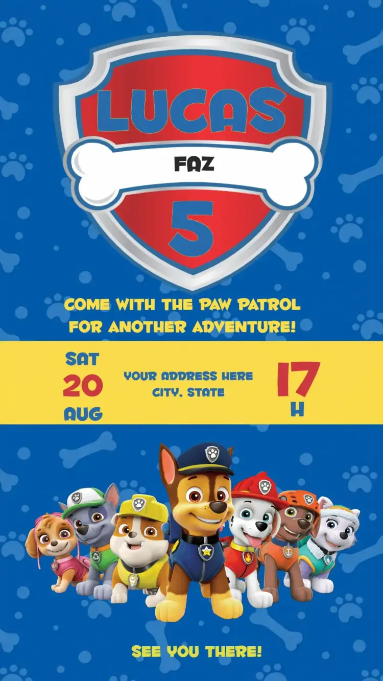 Invitation Paw Patrol Paw – Kids' Birthday Party theme colorful, themed, children's, fun-filled, playful