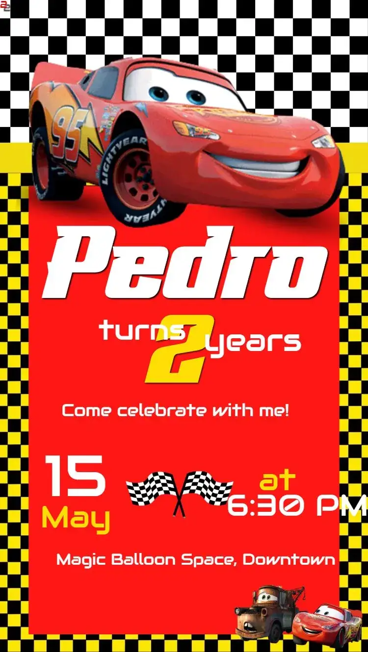 Invitation Lightning McQueen Cars – Kids' Birthday Party theme colorful, fun-filled, themed, vibrant, modern