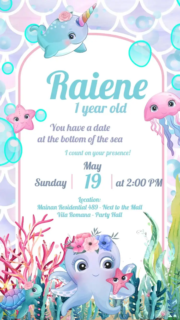 Invitation Underwater Watercolor – Kids' Birthday Party theme watercolor, marine world, pastel colors, playful style, mermaids, aquatic elements