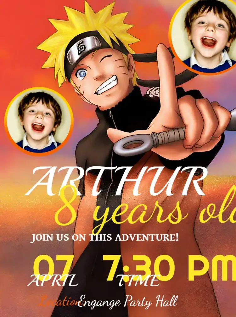 Invitation Naruto With Yellow Photo – Kids' Birthday Party theme yellow, orange, black, ninja, anime, fun