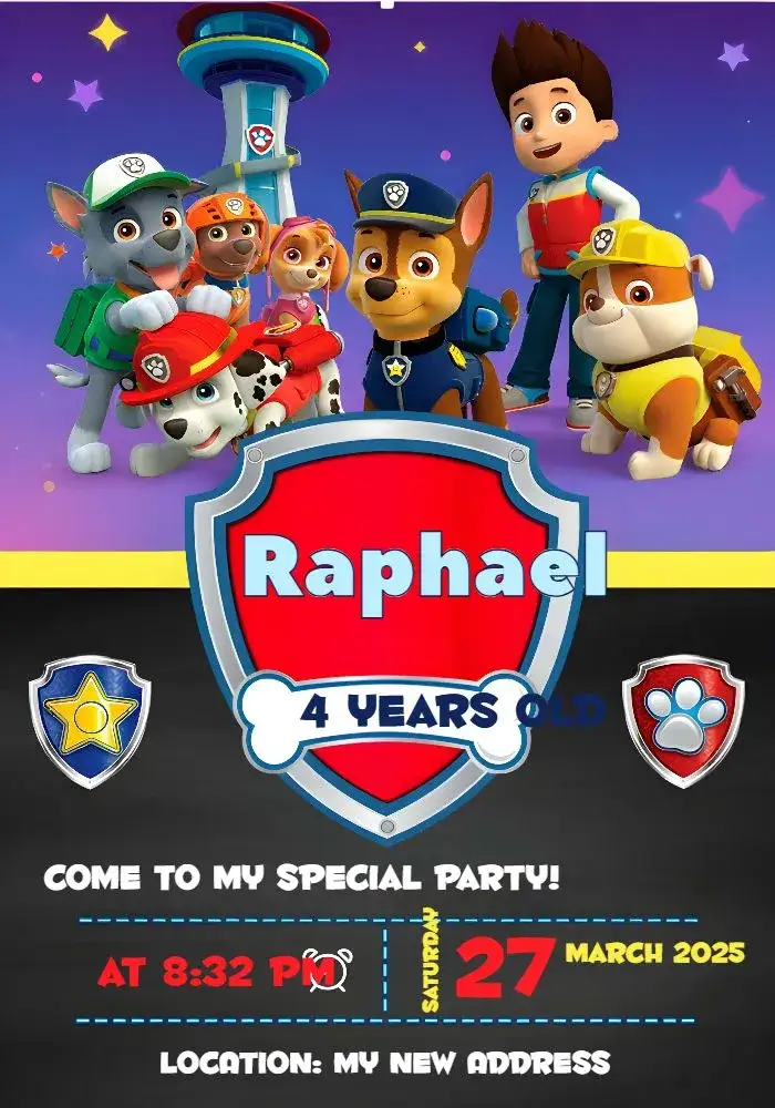 Invitation Paw Patrol – Kids' Birthday Party theme vibrant colors, modern style, Paw Patrol graphic elements, fun design, blue and black theme