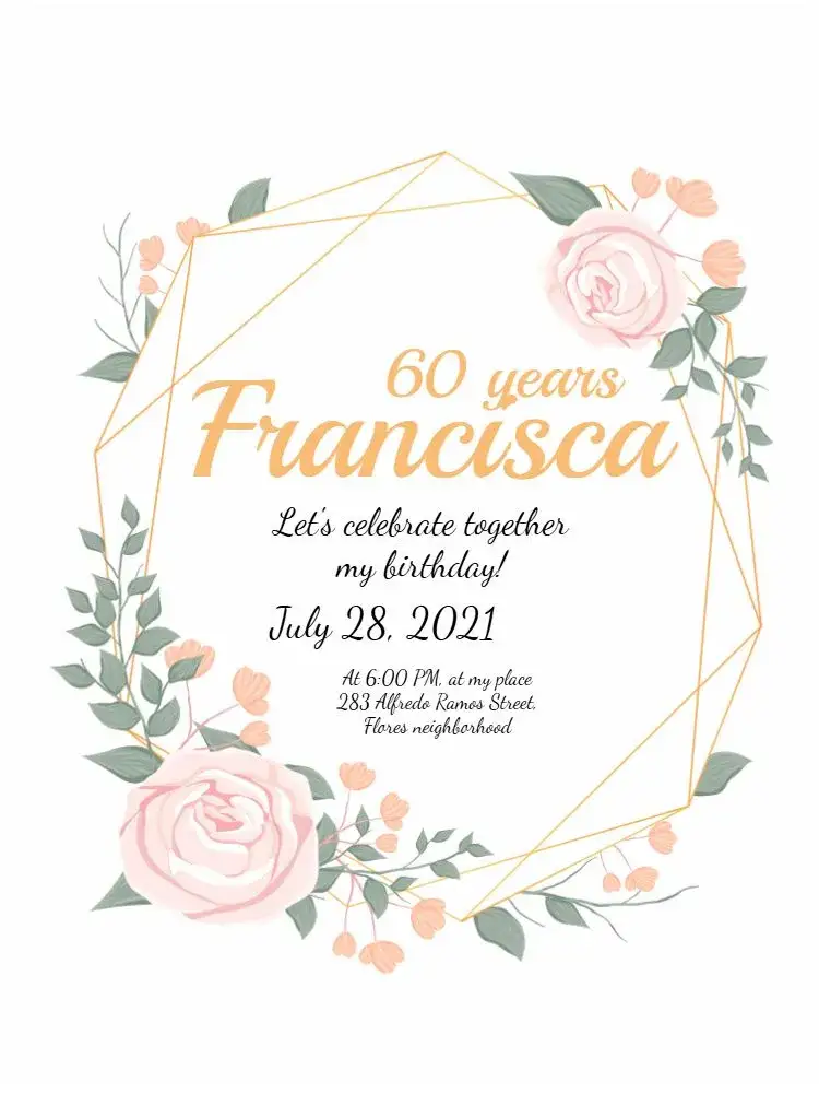 Invitation 60 Years Floral 50 – Sweet 15 theme floral, golden, pink, green, elegant, modern