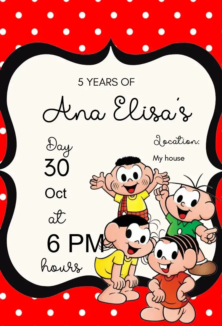 Invitation Mônica's Gang Invitation – Kids' Birthday Party theme colorful, playful, illustrative, fun, childlike