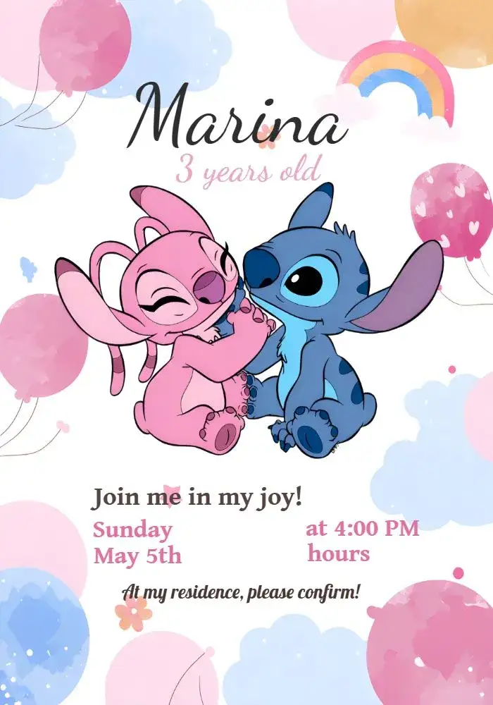 Invitation Stitch And Angel Iris – Most searched for theme colorful, childish, floral, fun, themed