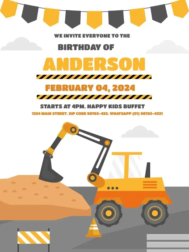 Invitation Yellow Tractor Boy – Kids' Birthday Party theme playful, construction, yellow, white, fun