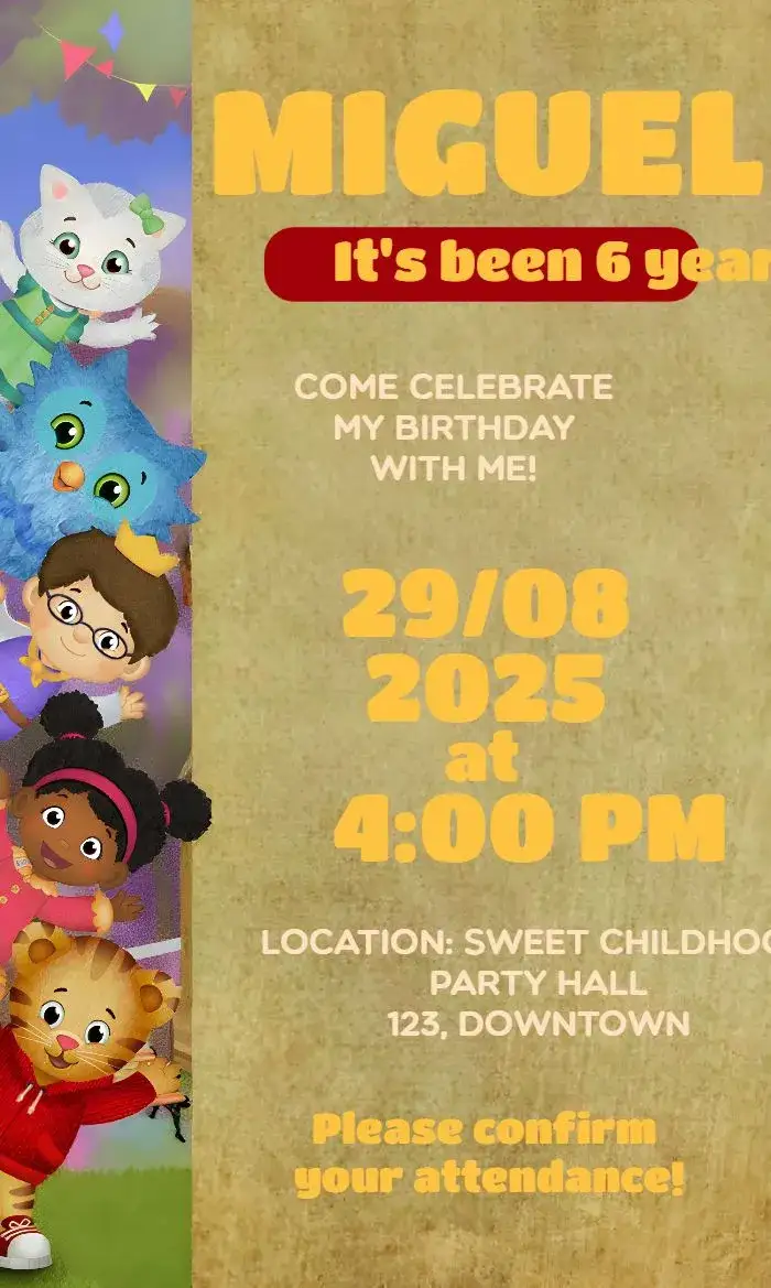 Invitation Yellow Daniel Tiger – Baptism theme childish, colorful, fun, playful, modern