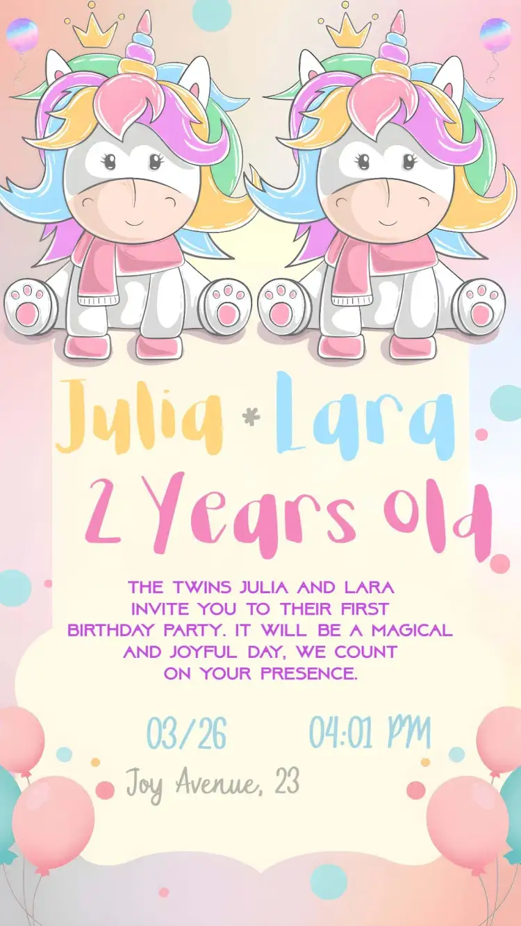 Invitation Twin Unicorn Send – Commemorative Dates theme colorful, pastel, fantasy, magical, childlike, fun
