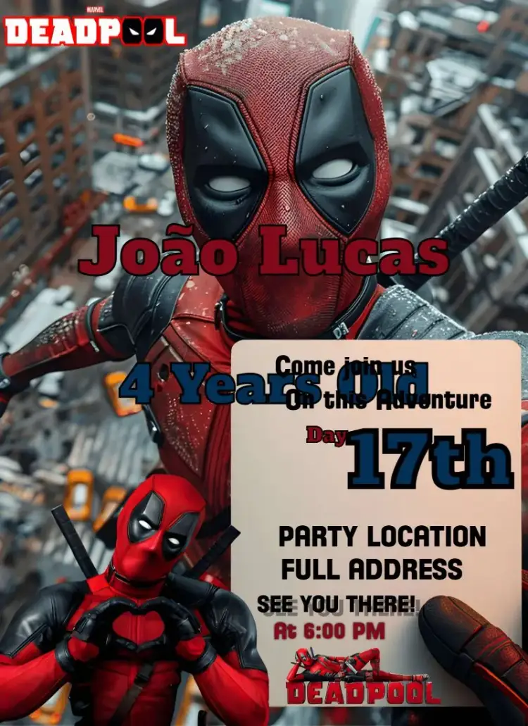 Invitation Deadpool – Kids' Birthday Party theme vibrant colors, modern style, Marvel graphic elements, fun design, superhero theme