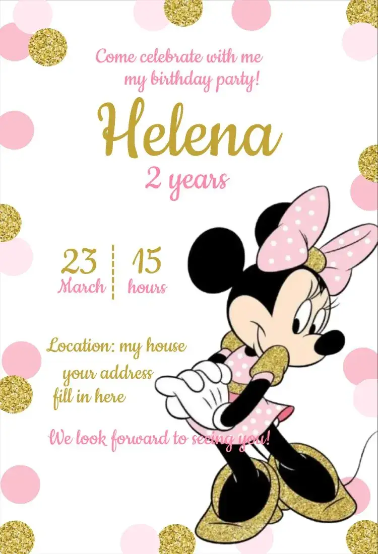 Invitation Pink and Gold Minnie – Kids' Birthday Party theme pink, golden, childish, themed, contemporary, fun