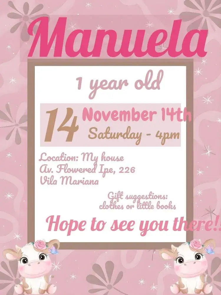 Invitation Vaquinha Rosa Year – Commemorative Dates theme farm theme, children's, playful, soft colors, animals, romantic