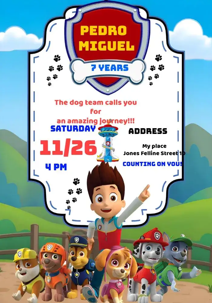 Invitation Paw Patrol – Kids' Birthday Party theme vibrant colors, fun style, dog graphic elements, adventure theme, childish design, animated illustrations