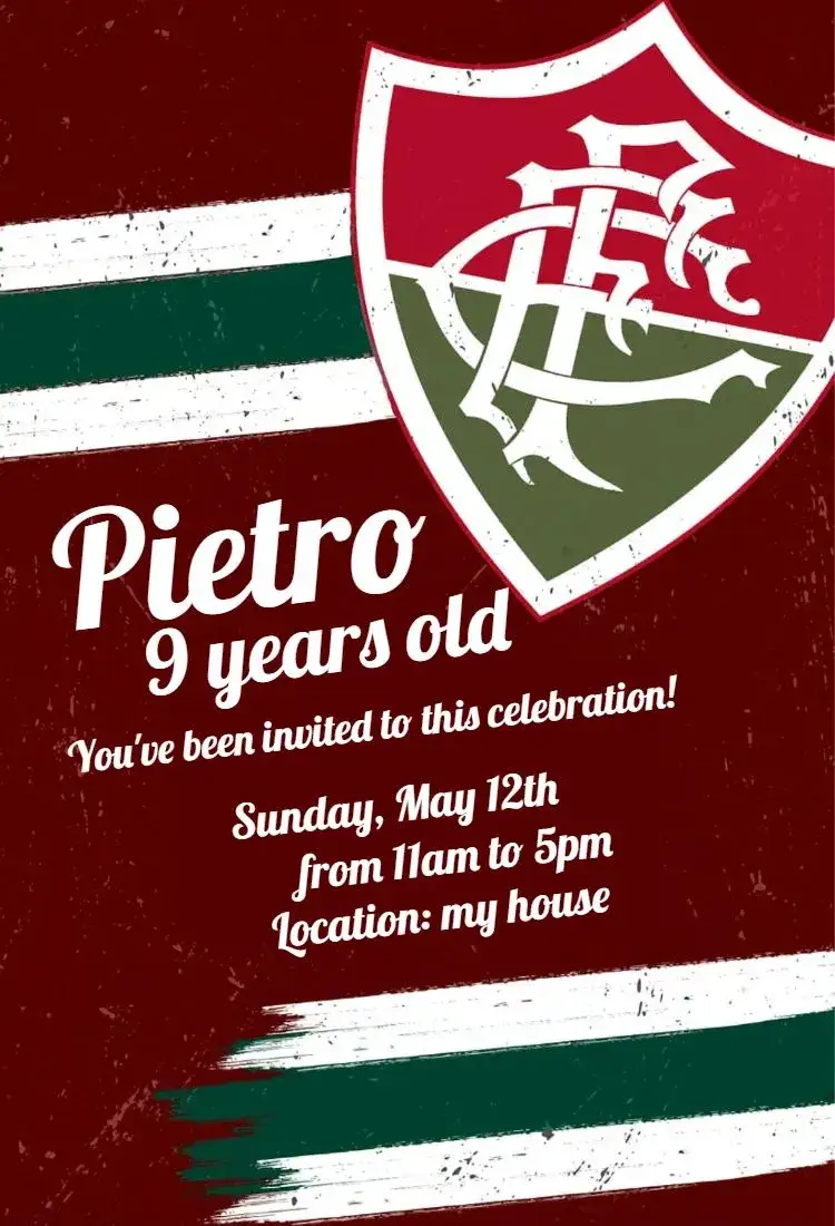 Invitation Fluminense – Birthday theme green and white, sporty style, football graphics, modern design, team illustrations, cheering theme