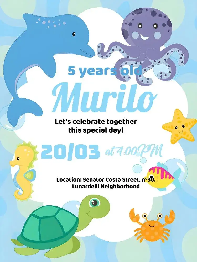 Invitation Under the Sea Dolphin – Kids' Birthday Party theme navy, colorful, playful, fun, tropical, themed