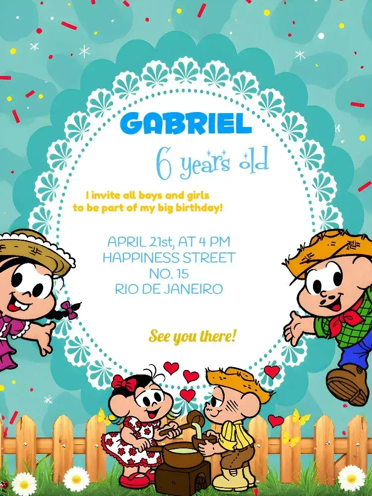 Invitation Turma Da Mônica Yellow – Kids' Birthday Party theme colorful, fun, childish, modern, striped, animated characters