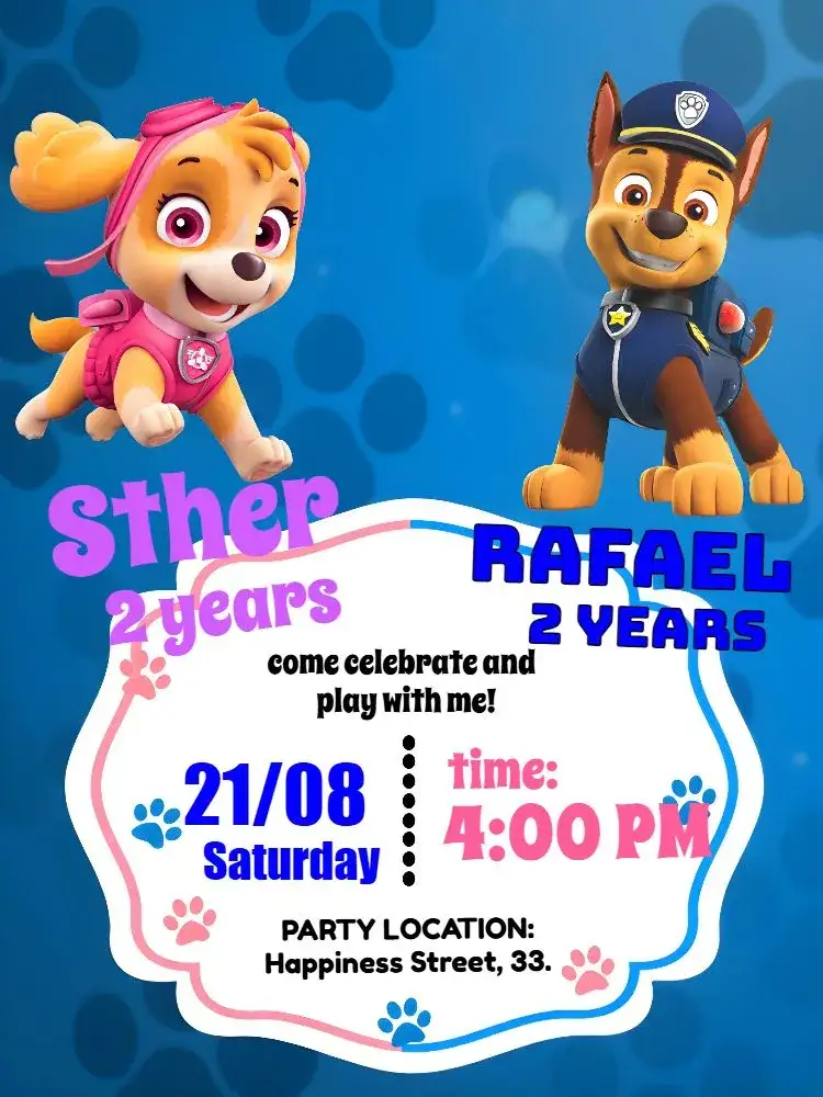 Invitation Double Skye And Chase Paw Patrol Themes – Most searched for theme colorful, childlike, lively, modern, fun