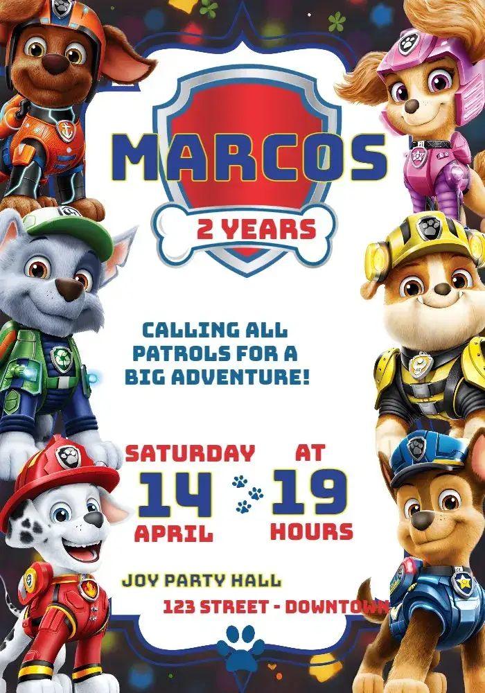 Invitation Paw Patrol Boy – Kids' Birthday Party theme watercolor, colorful, childlike, modern, thematic
