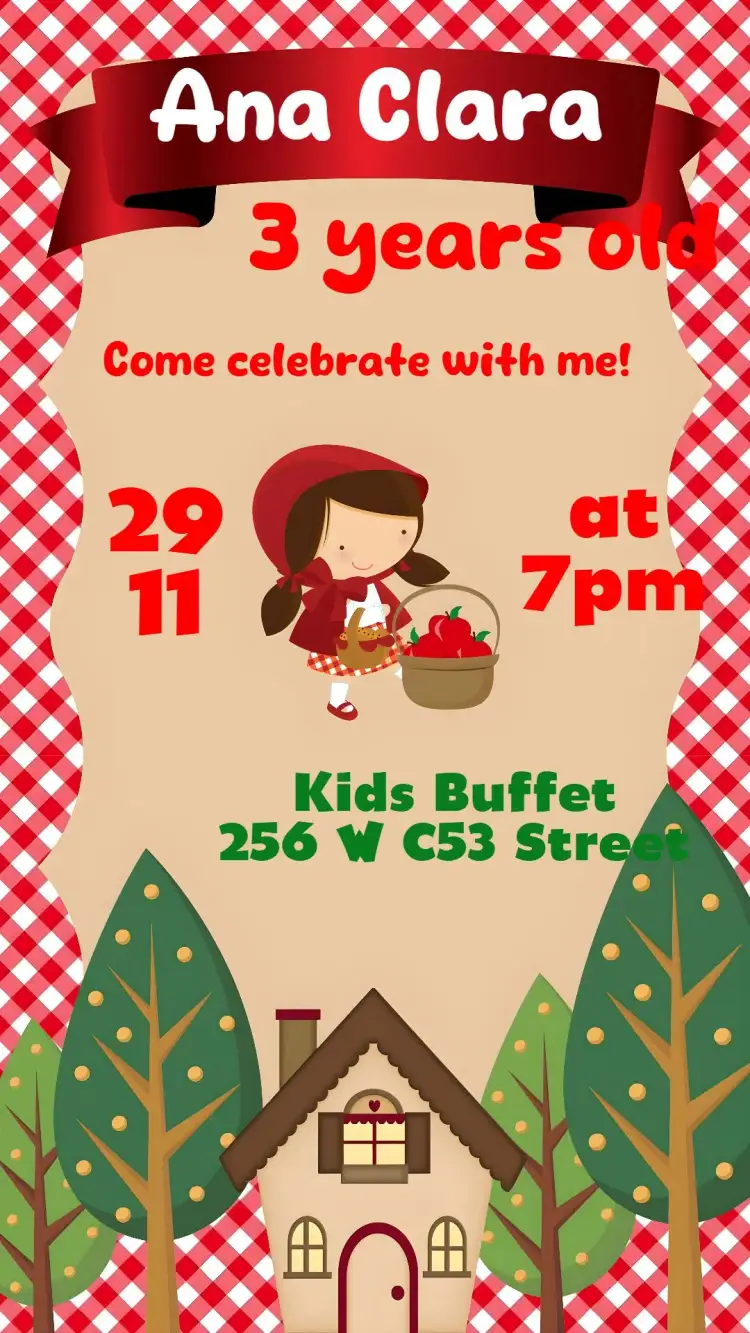 Invitation Little Red Riding Hood – Kids' Birthday Party theme vibrant red, forest green, childlike illustrations, playful style, fairy tale graphic elements