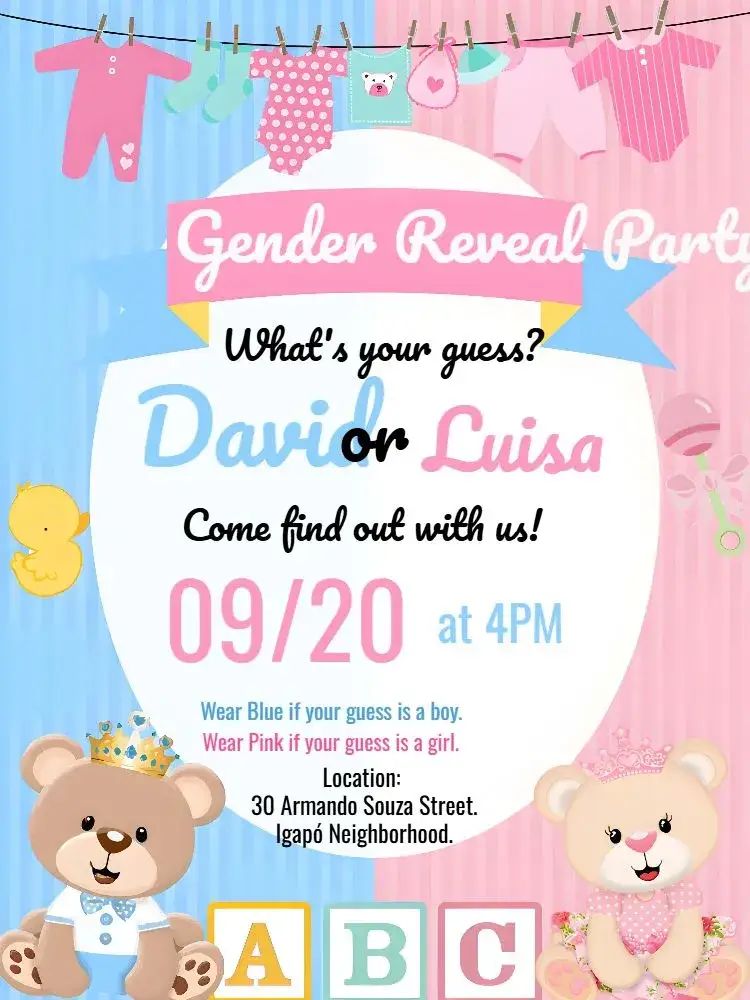 Invitation Prince Teddy and Princess Rose Gender Reveal Tea Party – Gender Reveal theme pink and blue, playful, cute, childish, modern, fun
