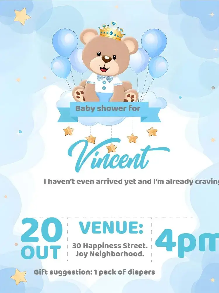 Invitation Baby Shower Little Prince Bear – Diaper Shower theme blue and white, teddy bear, royalty, fun, childish, modern