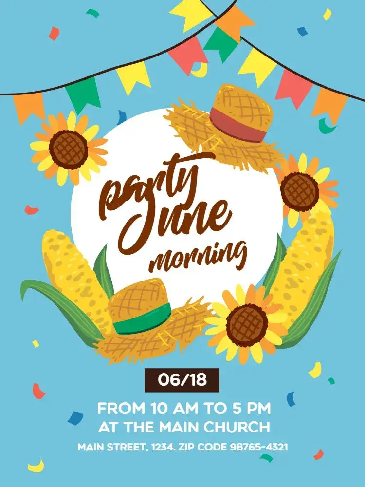 Invitation Light Blue Junina Party – Kids' Birthday Party theme light blue, June-themed, colorful, festive, vintage, fun