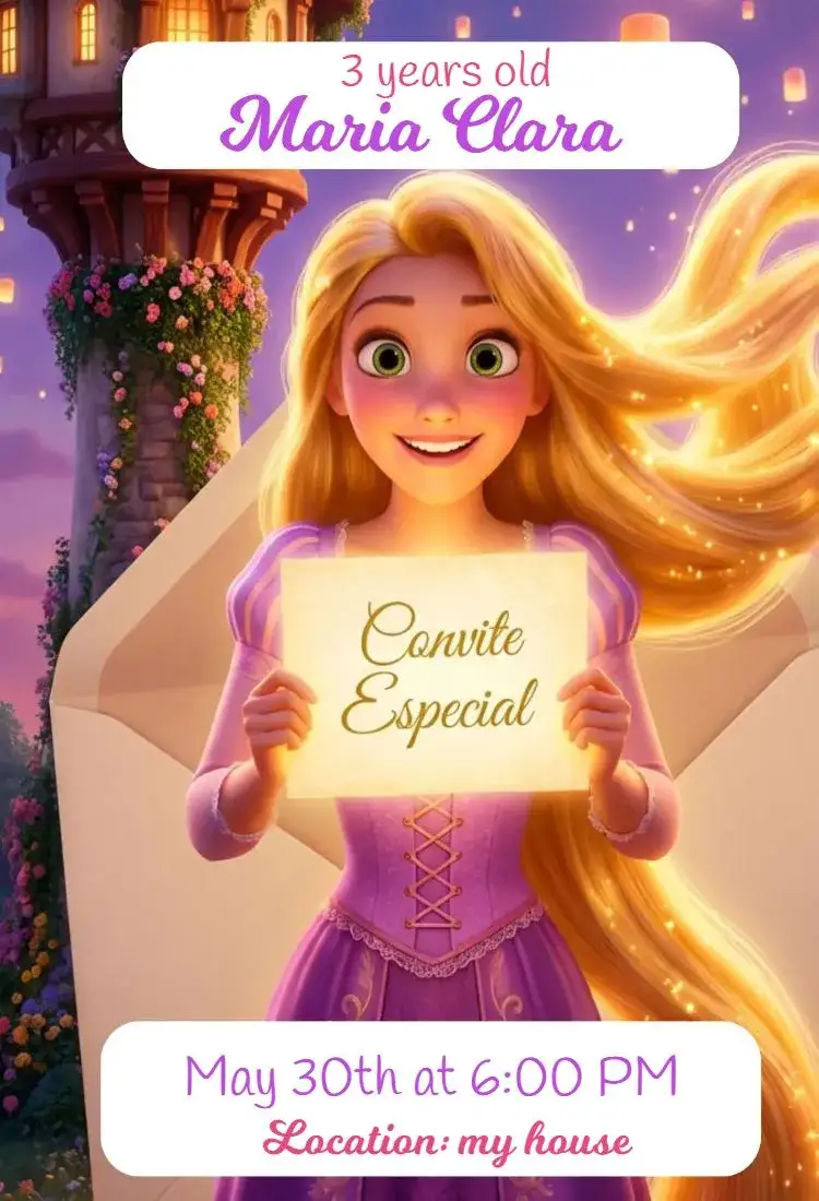 Invitation Rapunzel Invitation – Kids' Birthday Party theme soft colors, colorful flowers, playful style, fairy tale graphic elements, Disney-inspired, enchanting details