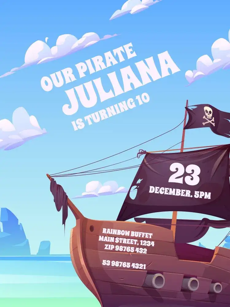 Invitation From Pirate Ship Celebration – Kids' Birthday Party theme pirate, nautical, adventure, colorful, childlike, fun