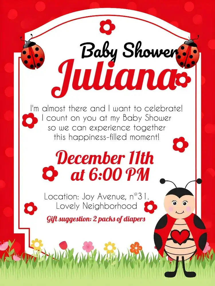 Invitation Ladybug Polka Dot Diaper Shower – Diaper Shower theme red, white, black, playful, animals