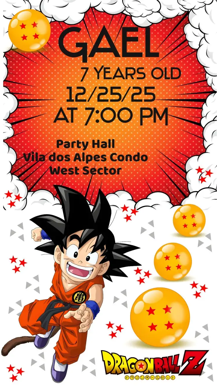 Invitation Dragon Ball Z – Kids' Birthday Party theme vibrant, anime, colorful, youthful, fun