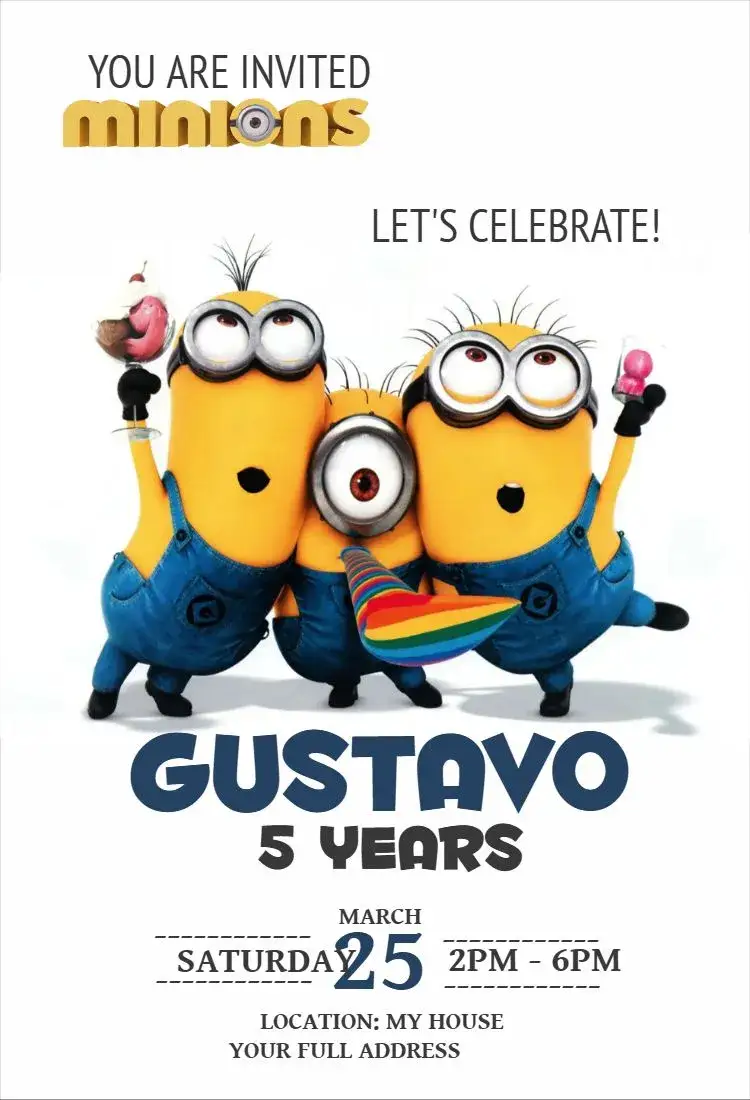 Invitation Minions 1 – Birthday theme colorful, fun, themed, childlike, character illustrations