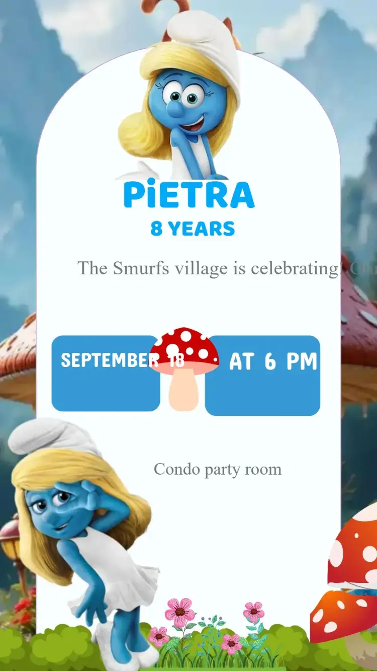 Invitation Smurfette Birthday Invitation – Kids' Birthday Party theme colorful, fun, childish, playful, fantasy, Smurfette