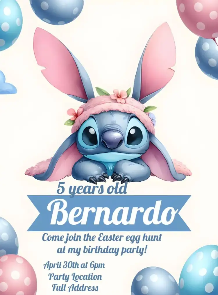 Invitation Easter Stitch Disney – Commemorative Dates theme vibrant blue, fun, playful, Disney-themed, colorful, festive