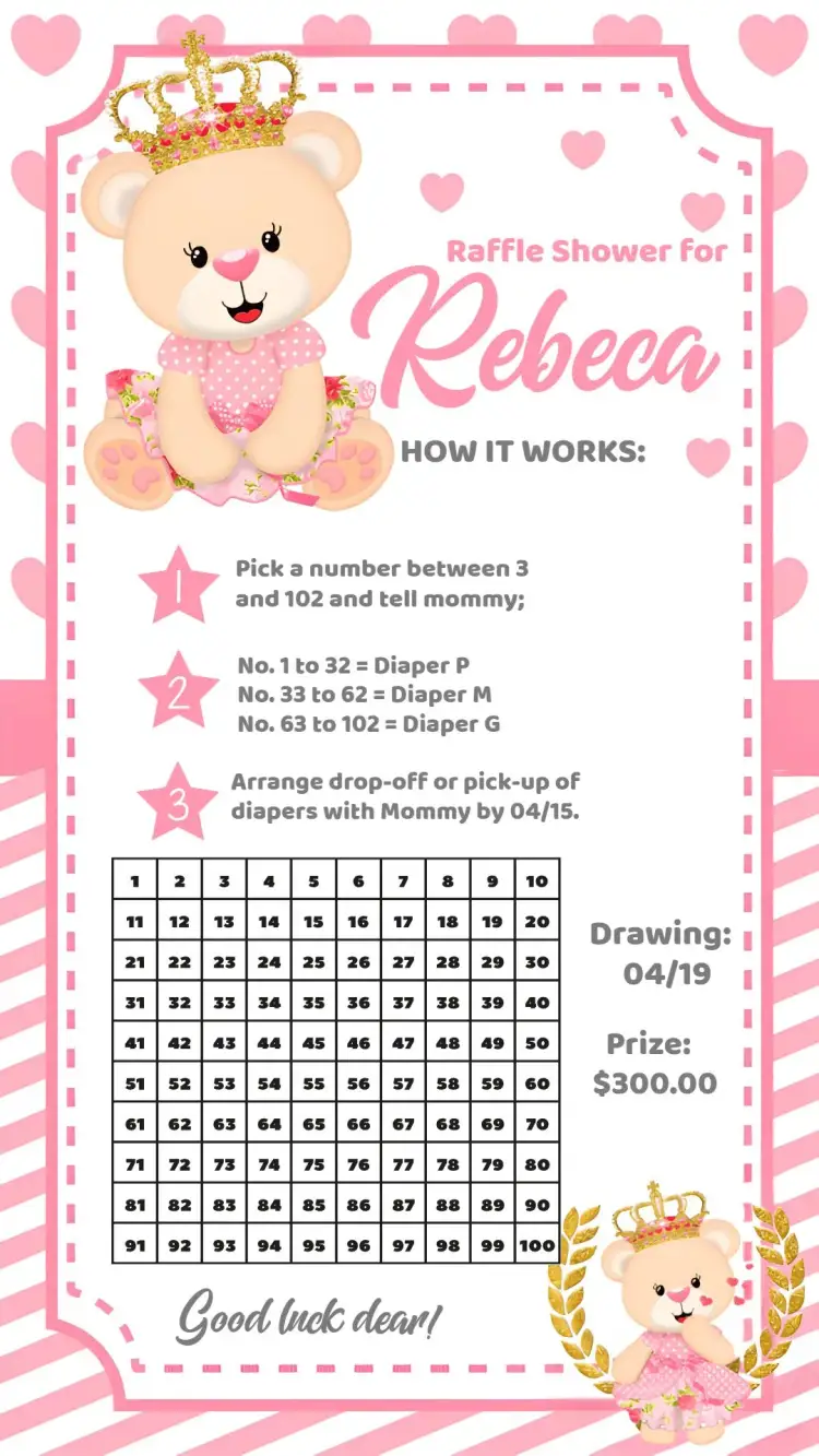 Invitation Princess Teddy Bear Baby Raffle Shower – Raffle Tea theme pink, white, floral, princess, teddy, royalty