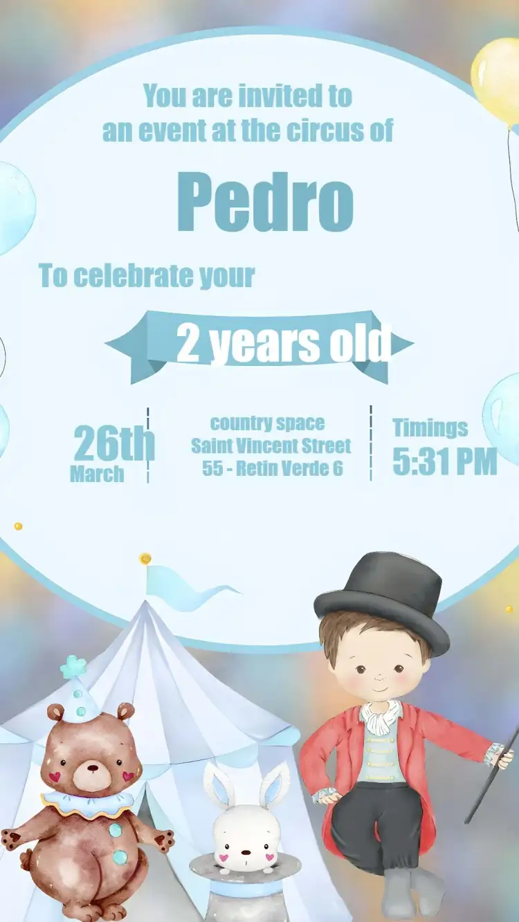 Invitation Circus Boy – Kids' Birthday Party theme watercolor, circus-themed, blue, fun-filled, colorful