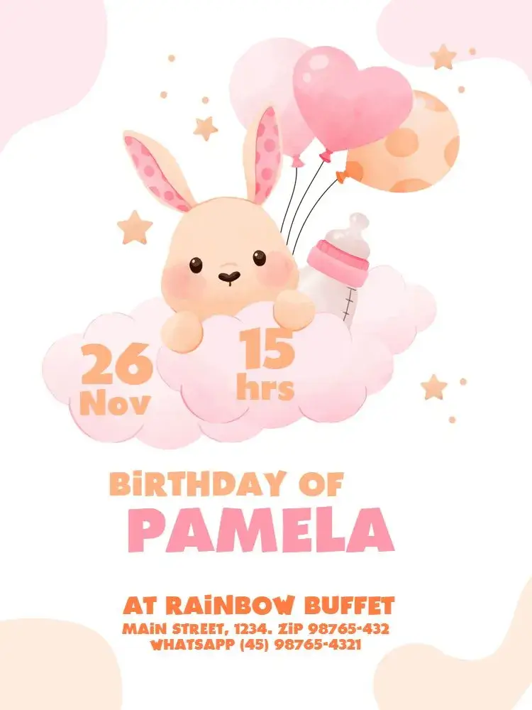 Girls Bunny Balloon Playful invitation