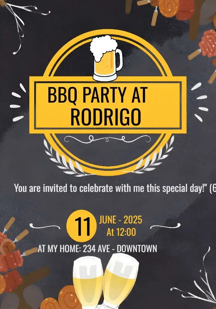 Invitation Black BBQ – Birthday theme chalkboard, modern, elegant, rustic, black and yellow
