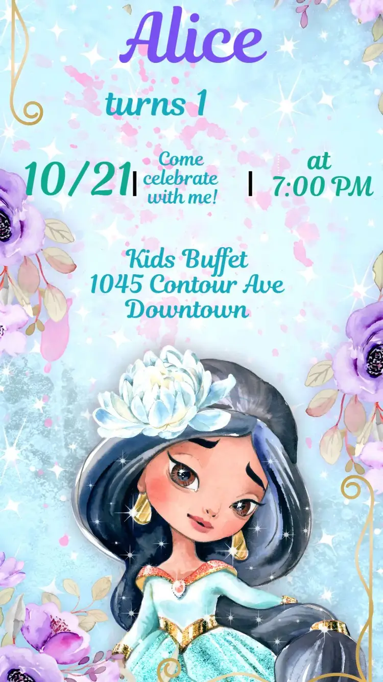 Invitation Jasmine – Kids' Birthday Party theme princess, magical, delicate, colorful, fantasy