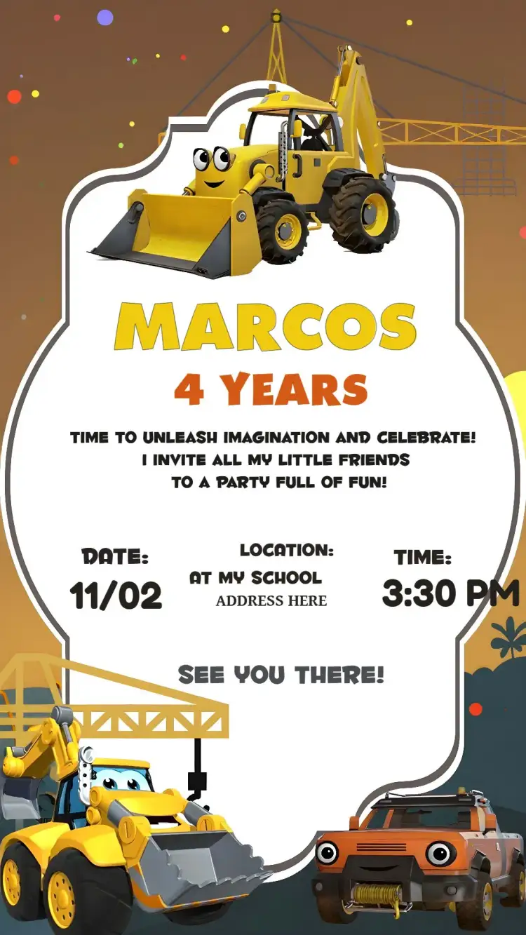 Invitation Construction Tractor – Raffle Tea theme construction-themed, colorful, childish, modern, fun