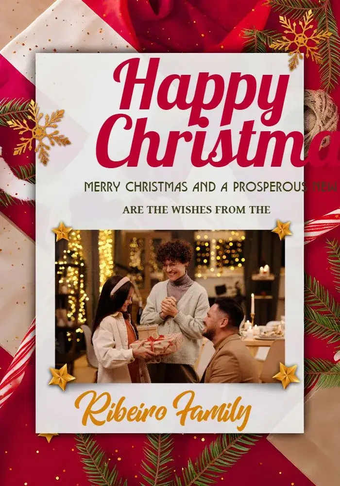 Invitation Red Photo Christmas Card – Commemorative Dates theme red, gold, blue, green, snow, modern