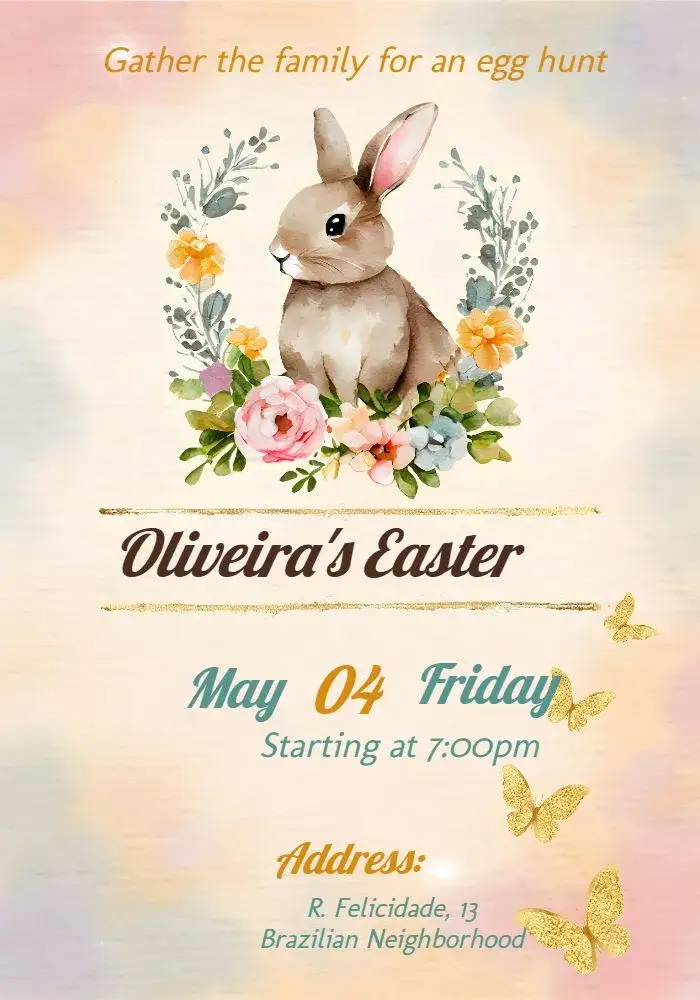 Invitation Easter Easter – Commemorative Dates theme colorful, fun, family-friendly, rabbit illustrations, decorated eggs, cheerful style
