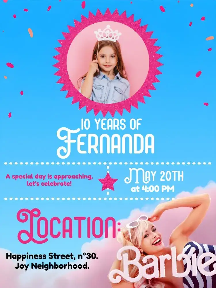Invitation Barbie With Glitter Photo ā Commemorative Dates theme bright, colorful, feminine, fun, modern, movie-inspired