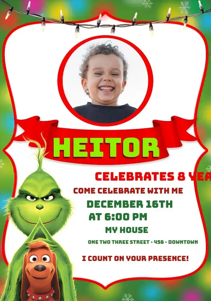 Invitation Grinch With White Photo – Commemorative Dates theme colorful, fun, themed, festive, childlike