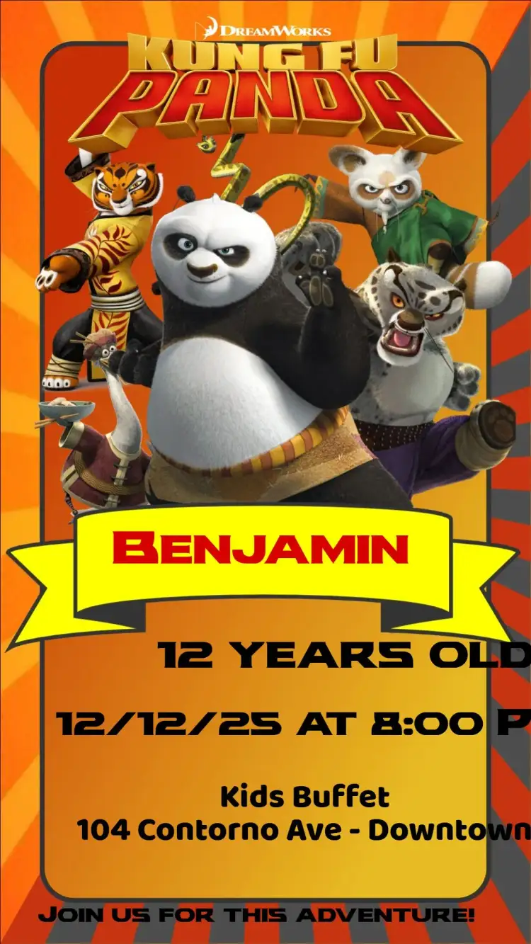 Invitation Kung Fu Panda – Kids' Birthday Party theme colorful, fun, themed, dynamic, adventurous, youthful