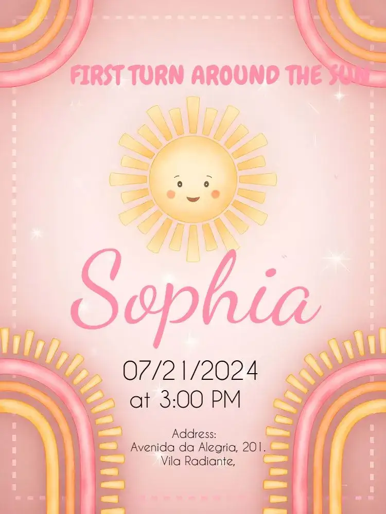 Invitation First Sunshine Pink Girl – First Communion theme boho, pink, sun illustrations, rainbow, childish, colorful