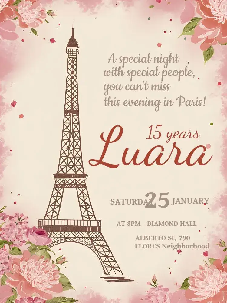 Invitation 15 Years Paris Delicate – Sweet 15 theme floral, romantic, golden, elegant, modern, Parisian