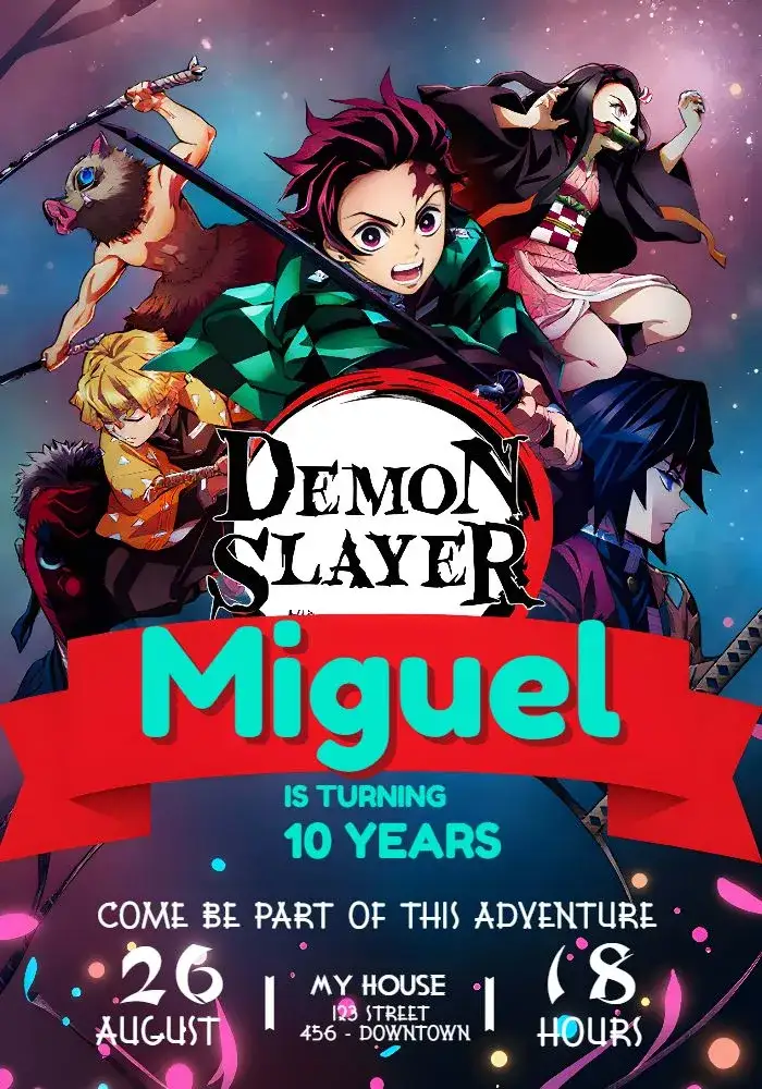Invitation Colorful Demon Slayer – Most searched for theme colorful, anime-themed, manga-inspired, youthful, fun-filled
