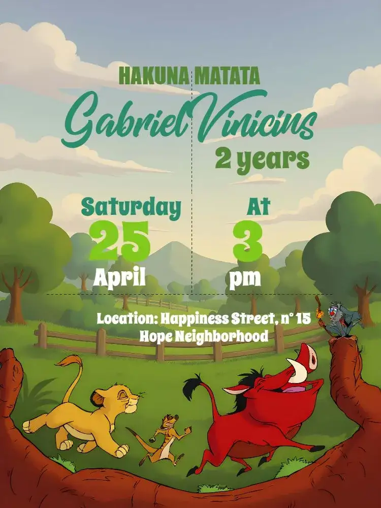 Invitation Brown Lion King – Kids' Birthday Party theme brown, green, white, tropical, fun, childish