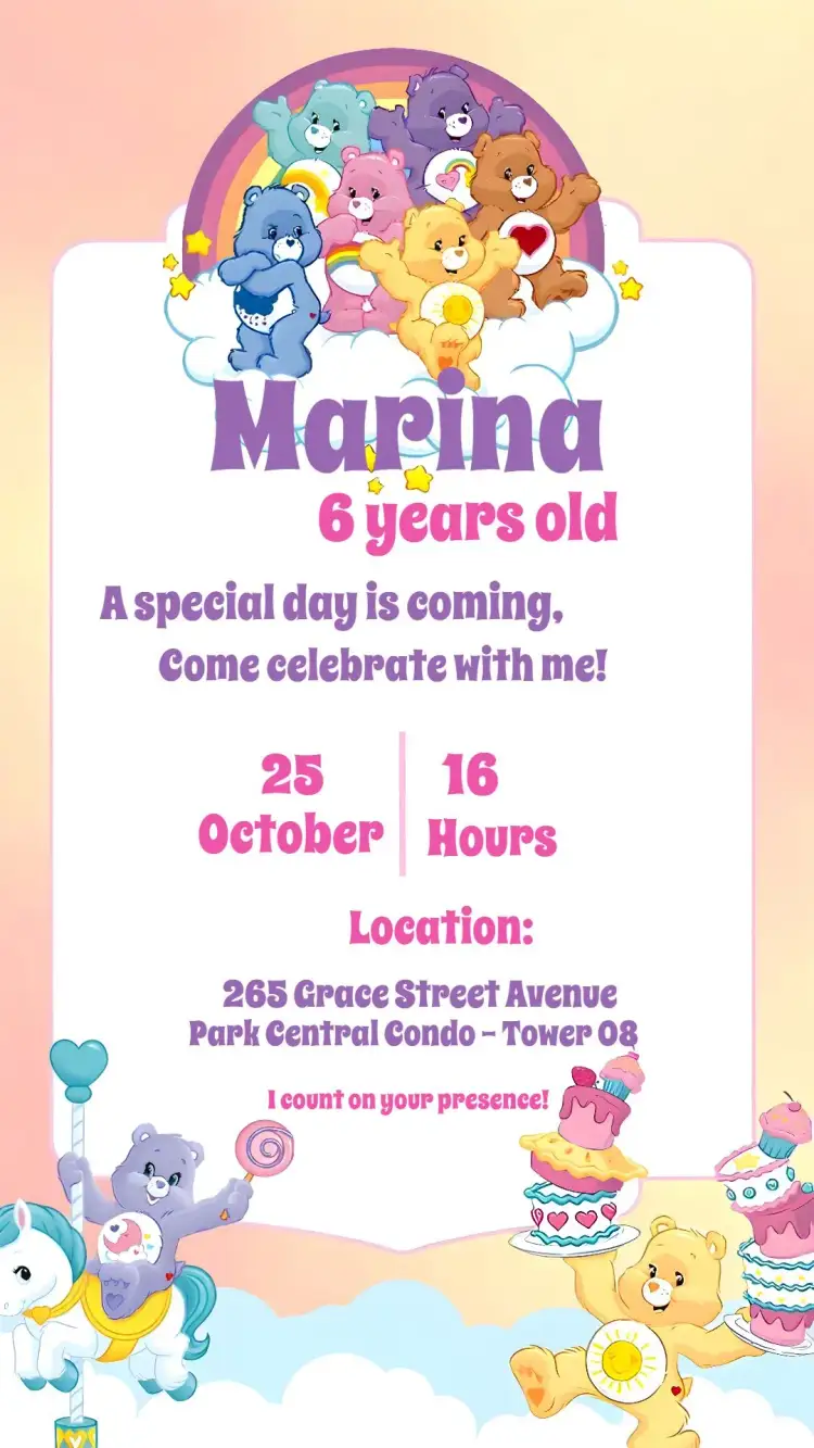 Invitation Care Bears Bear – Kids' Birthday Party theme soft colors, cute illustrations, playful style, colorful design, childlike graphic elements